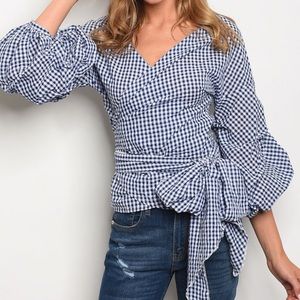 Amor Navy Gingham Wrap Puff Sleeve Top